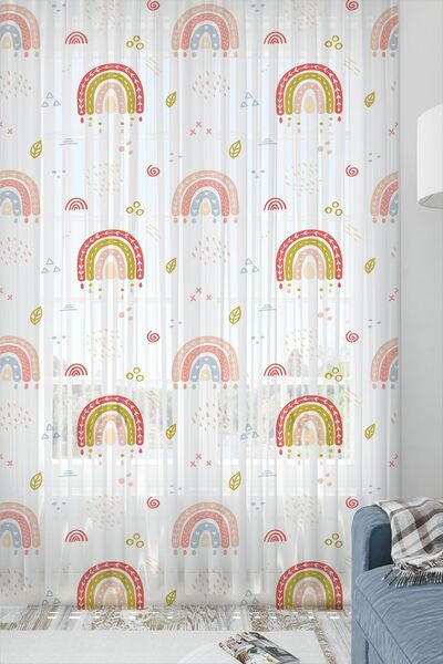 3D ELSE HALI Minimal Gökkuşağı Desenli Kız Çocuk Tül Perde Tek Kanat 140x260cm