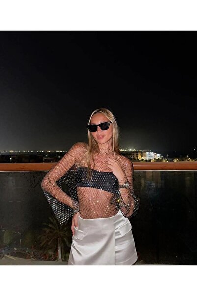 KARAASLAN Блузка з блискучими камінцями Чорна блузка з отворами Кроп-топ Бюстгальтер з довгими рукавами