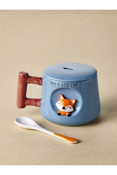 GUNES ZUCCACIYE Animal Pattern Ceramic Mug with Lid and Spoon 370 ml