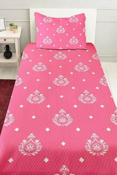 3D ELSE HALI Retro Pink and White Patterned Girl's Pique Set - Quilted Bedspread