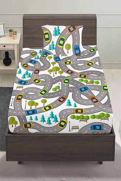 3D ELSE HALI Traffic Car Road Patterned Boy's Single Pillowed Elastic Sheet Set 100X200Cm