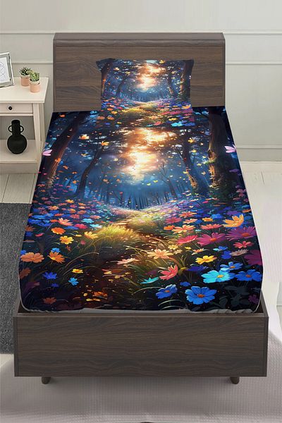 3D ELSE HALI Flower Garden Patterned Girl's Single Pillowed Elastic Sheet Set 100X200Cm