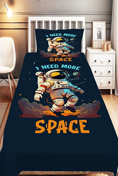 3D ELSE HALI Mavi Astronot Desenli Erkek Çocuk Tek Kişilik Dekoratif Yatak Ör...