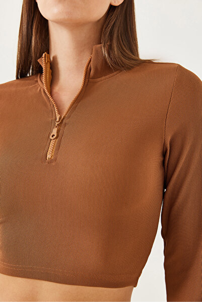 Bianco Lucci Γυναικεία μπλούζα με ριμπ λαιμόκοψη με μισό φερμουάρ 60351019