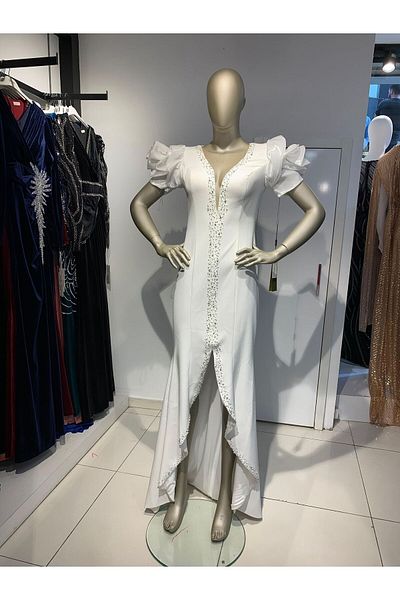 Robes Βραδινό φόρεμα με μανίκια με μαργαριτάρι V λαιμόκοψη - Λεπτομέρεια με σχισμή