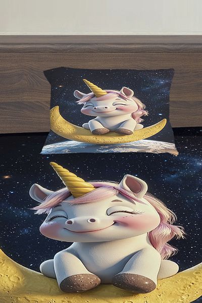 3D ELSE HALI Unicorn Sitting on the Moon Patterned Girl's Single Padded Elastic Sheet Set 100X200Cm