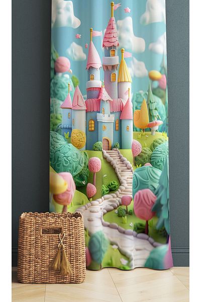 3D ELSE HALI Girl's Room - Colorful Castle Pattern, Background Curtain, 140X260Cm
