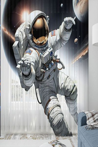 3D ELSE HALI Astronaut Cosmonaut Patterned Boy Tulle Curtain Single Wing 140X260Cm
