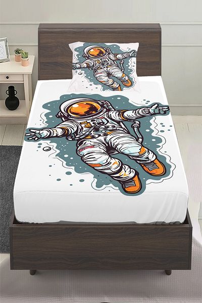 3D ELSE HALI Space Astronaut Patterned Boy's Single Pillowed Elastic Sheet Set 100X200Cm