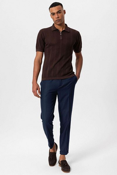 Antioch Men's Knitted T-shirt - Brown Polo Collar, Zippered