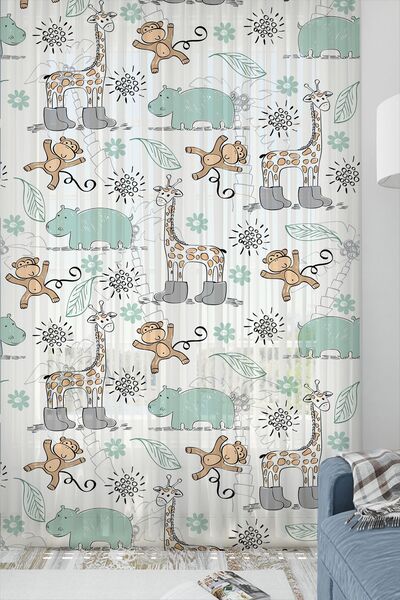 3D ELSE HALI Forest Animals Patterned Boy's Tulle Curtain Single Wing 140X260Cm