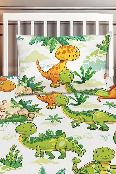 Else Halı Green Orange Dinosaurs Patterned Boys' Decorative Printed Bedspread