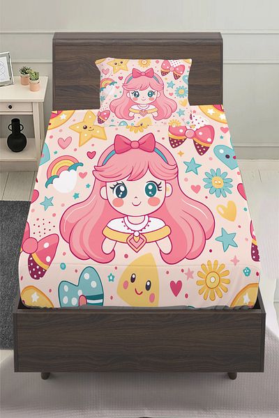 3D ELSE HALI Anime Pink Princess Patterned Girl's Single Pillowed Elastic Sheet Set 100X200Cm