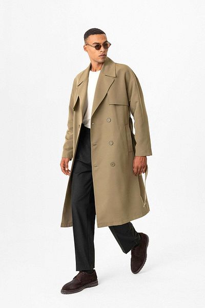 Antioch Light Khaki Double Breasted Closure Belted Trench Coat