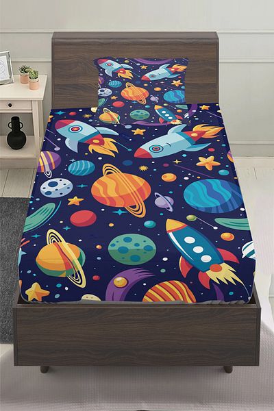 3D ELSE HALI Space Planets Patterned Boy's Single Pillowed Elastic Sheet Set 100X200Cm