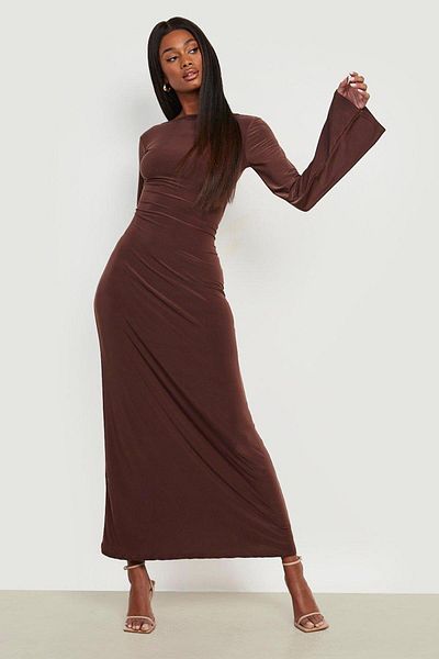 Madmext Bitter Brown Boat Neck Back Detailed Maxi Long Dress MG1993
