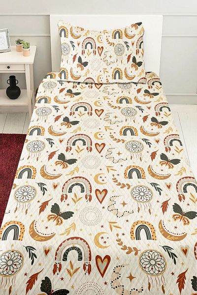 3D ELSE HALI Boho Rainbow Patterned Single Pique Bed Set for Girl - Quilted