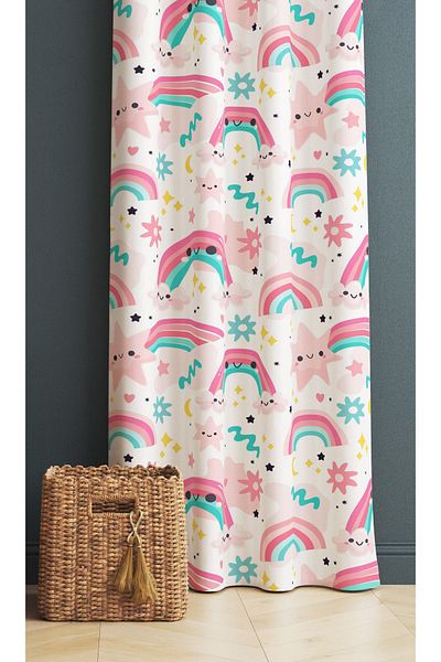 3D ELSE HALI Girl's Pink Room - Sky Belted, Patterned Background Curtain 140X260Cm