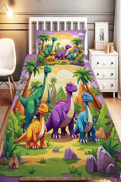 Else Halı Colorful Dinosaur Animals Patterned Children's Decorative Printed Bedspread