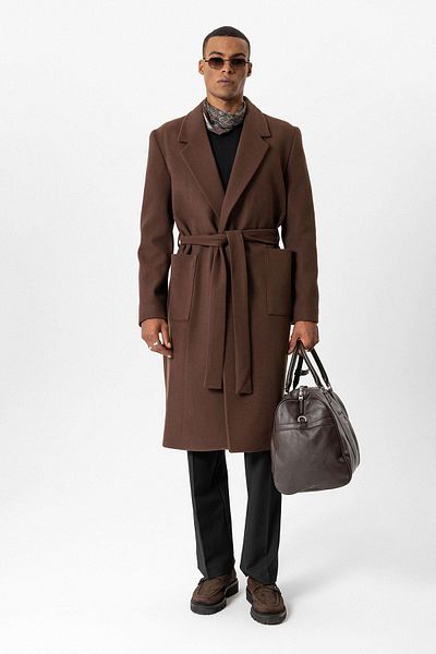 Antioch Brown Belted Men's Coat with Bag Pocket