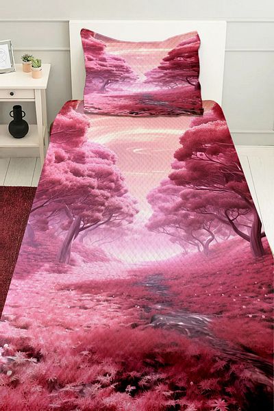 3D ELSE HALI Single Purple Flower Garden Patterned Children's Pique Set - Quilted Bedspread