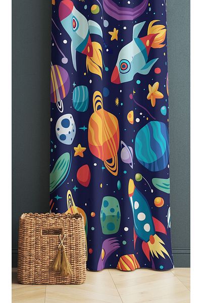 3D ELSE HALI Boy's Room - Space Planets Patterned, Background Curtain, 140X260Cm