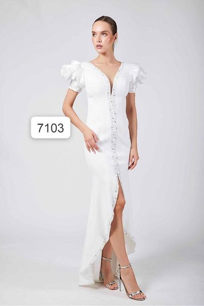 Robes Βραδινό φόρεμα με μανίκια με μαργαριτάρι V λαιμόκοψη - Λεπτομέρεια με σχισμή