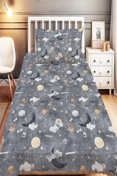 Else Halı Gray Cloudy Moon Grandpa Patterned Boy Decorative Printed Bedspread