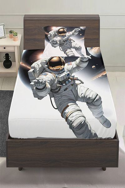 3D ELSE HALI Astronaut Cosmonaut Patterned Boy's Single Pillowed Elastic Sheet Set 100X200Cm