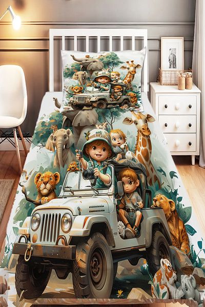 Else Halı African Forest Animals Patterned Boys' Decorative Printed Bedspread