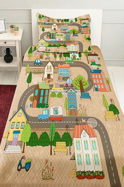 3D ELSE HALI Neighborhood City Patterned Single Pique Set for Boy - Quilted Bedspread