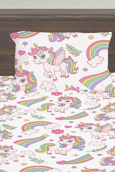 3D ELSE HALI Unicorn Rainbow Patterned - Girl's Single Fitted Sheet Set 100X200Cm