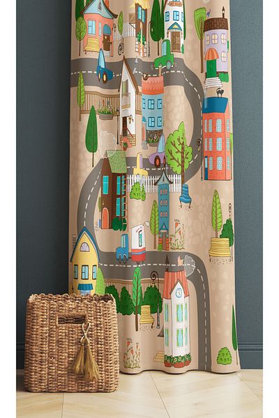 3D ELSE HALI Boy's Room - Neighborhood City Pattern, Background Curtain, 140X260Cm