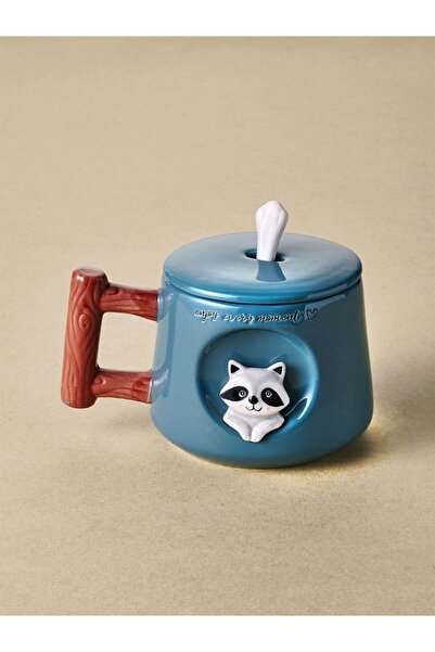GUNES ZUCCACIYE The Mia Raccoon Animal Patterned Ceramic Mug with Lid and Spoon 370 ml