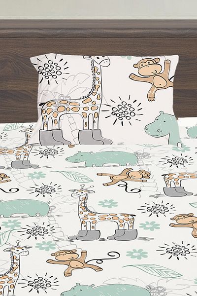 3D ELSE HALI Forest Animals Patterned Boy's Single Pillowed Elastic Sheet Set 100X200Cm