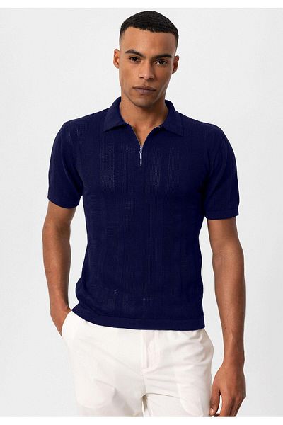 Antioch Men's Knitted T-shirt - Navy Blue Polo Collar, Zippered