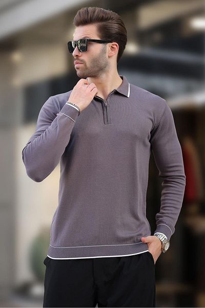 Madmext Dark Gray Zippered Polo Collar Stripe Detailed Long Sleeve Sweater 7267