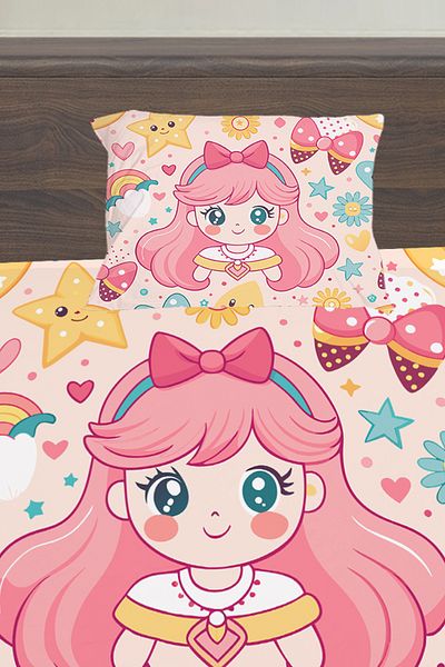 3D ELSE HALI Anime Pink Princess Patterned Girl's Single Pillowed Elastic Sheet Set 100X200Cm