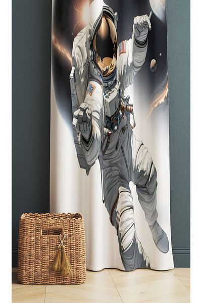 3D ELSE HALI Boy's Room - Astronaut and Cosmonaut Patterned, Background Curtain, 140X260Cm