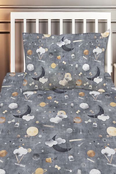 Else Halı Gray Cloudy Moon Grandpa Patterned Boy Decorative Printed Bedspread
