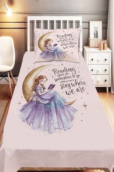 Else Halı Girl Sitting on the Pink Moon Patterned Girl's Decorative Printed Bedspread