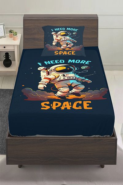3D ELSE HALI Blue Astronaut Patterned Boy's Single Pillowed Elastic Sheet Set 100X200Cm