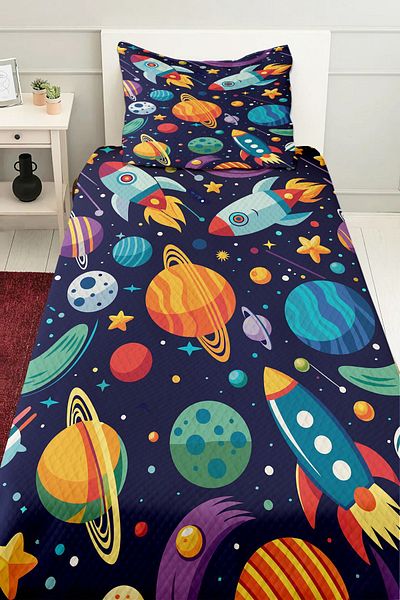 3D ELSE HALI Boy's Space Planets Patterned Single Pique Bedspread - Quilted