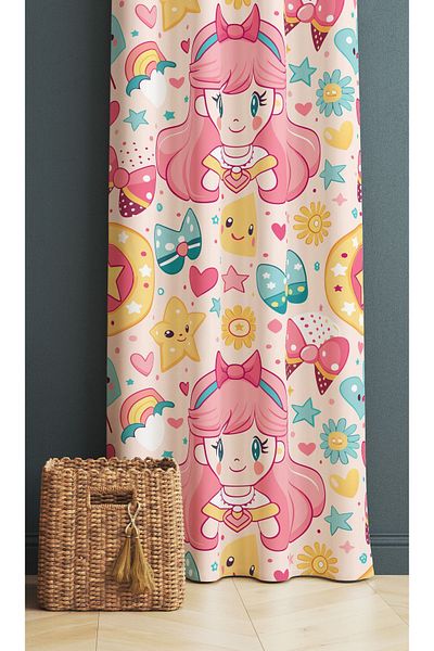 3D ELSE HALI Pink Anime Princess Patterned Girl's Room - Background Curtain 140X260Cm
