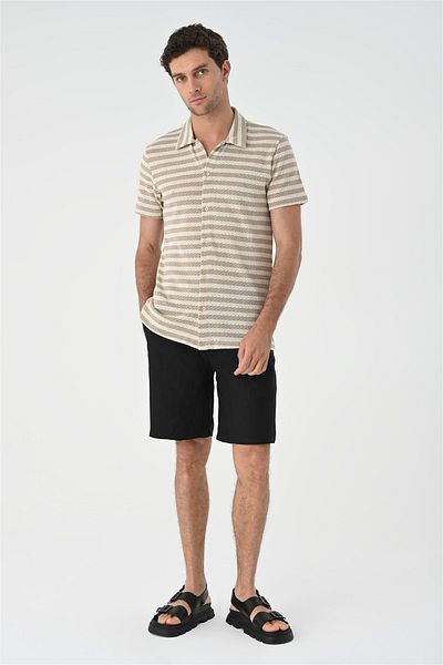 Antioch Beige Short Sleeve Striped Men's Knitwear Shirt