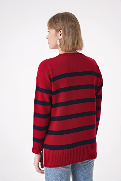 CHUBA Kadın Bisiklet Yaka Dokulu Rahat Kalıp Çizgili Triko Kazak Kırmızı-lacivert 25w3002