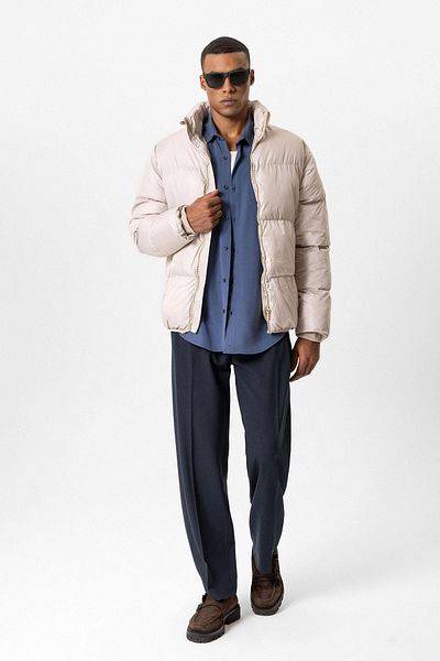 Antioch Beige Stand Collar Rubber Puffer Jacket