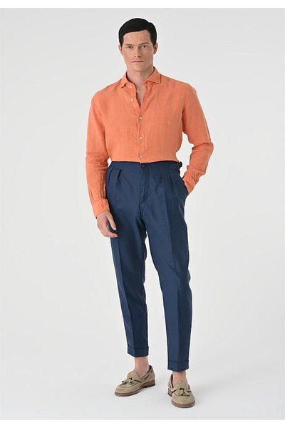 Antioch Salmon Collar Button Detailed 100% Linen Men's Shirt