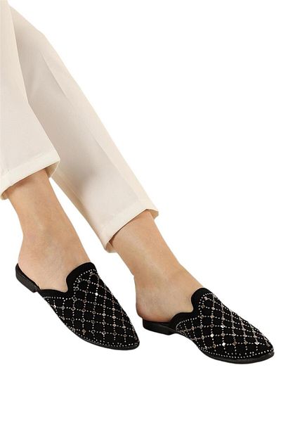 Liger Suede Pointed Toe Stone Designed Women's Slippers Black - Silver