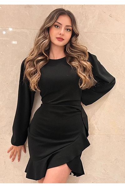 İpeksi Silky Women's Long Sleeve Crew Neck Front Flounced Imported Crepe Dress
